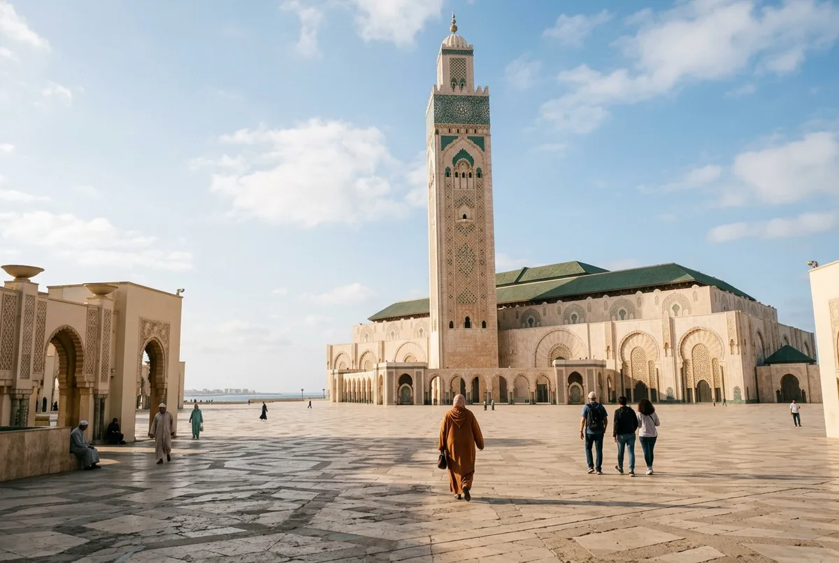 Vue calme de l'esplanade de la mosquée Hassan II en journée pendant le Ramadan, lumière douce d'après midi avant l'arrivée des visiteurs du soir