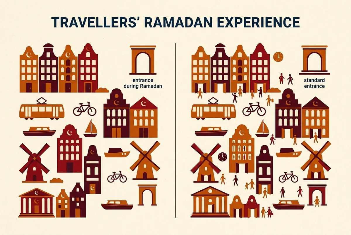 Graphique simple comparant les horaires de visite en journée de la mosquée Hassan II pendant le Ramadan à son programme habituel hors Ramadan